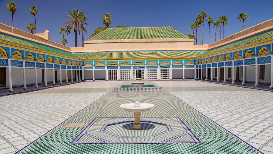 Courtyard at El Bahia Palace, Marrakech, Morocco. In the middle are small white fountains