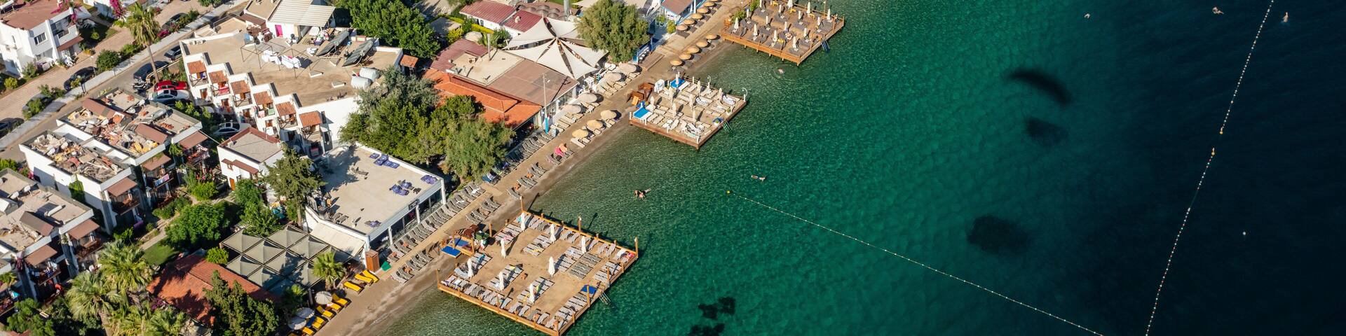 Aerial view of beach in Golkoy, Bodrum, Turkey.