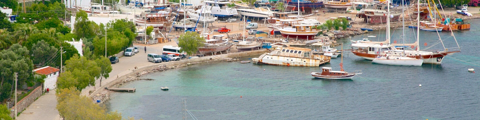 Playa de Yalikavak mostrando una bahía o un puerto y una localidad costera