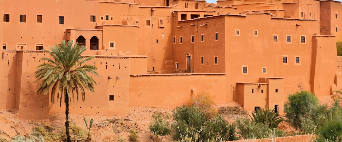 A large, multi-tiered adobe fortress with a palm tree in the foreground.