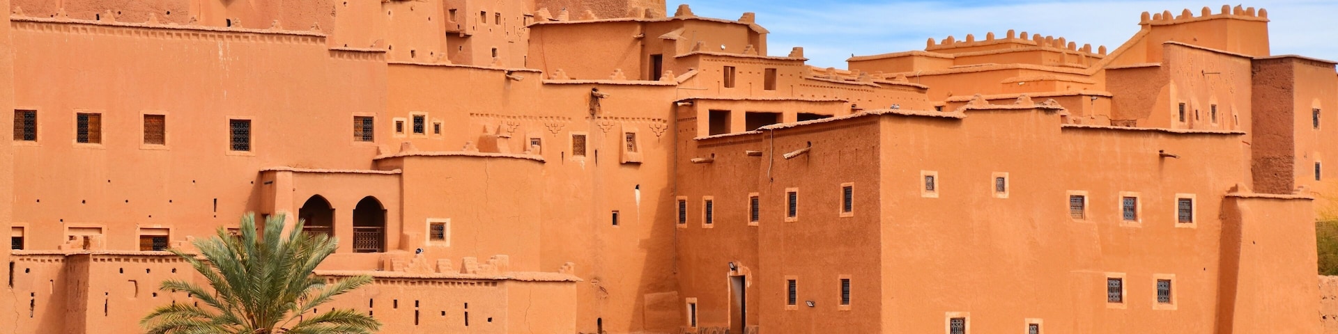 A large, multi-tiered adobe fortress with a palm tree in the foreground.