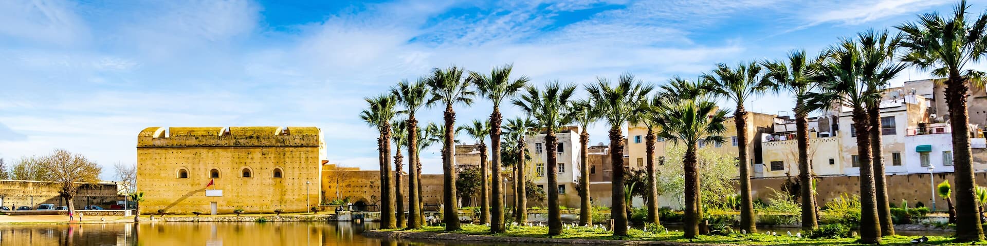 Beautiful Jnan Sbil or Bou Jeloud garden, Royal Park in Fez with lake and palms. Location: Fez, Morocco, Africa. Artistic picture. Beauty world