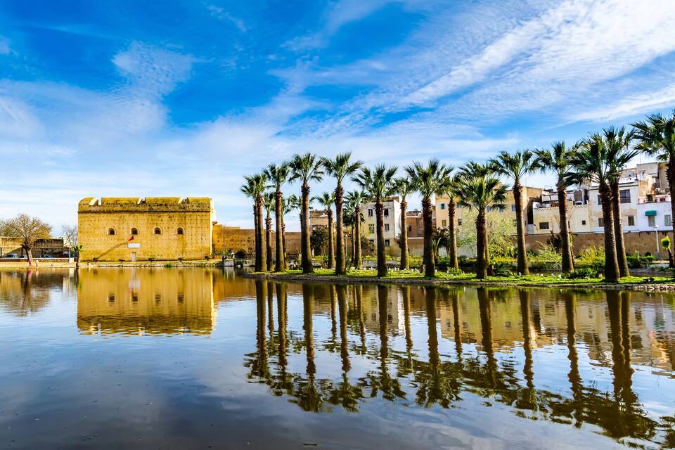 A historic fort, palm trees, and a calm body of water reflecting the sky.