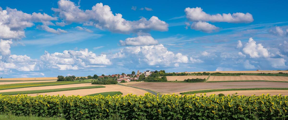 A rural landscape with fields, a village, and a clear sky.