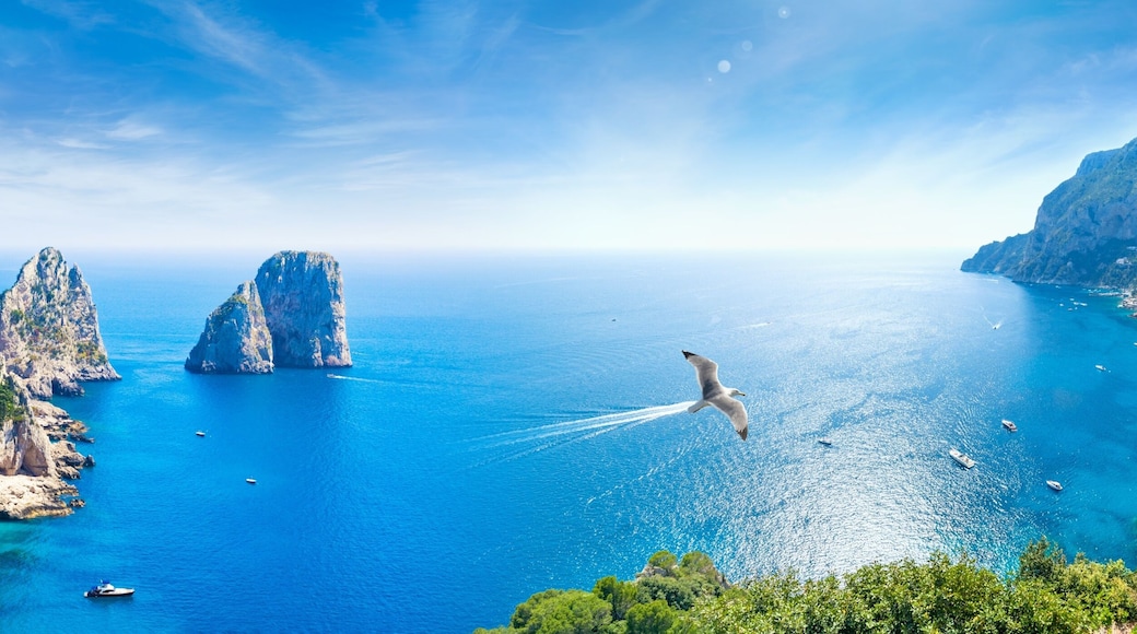 Panoramic collage with famous Faraglioni Rocks, Marina Piccola and Monte Solaro on Capri Island, Italy.