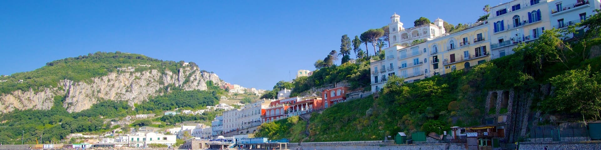 Capri Island showing a sandy beach and a coastal town