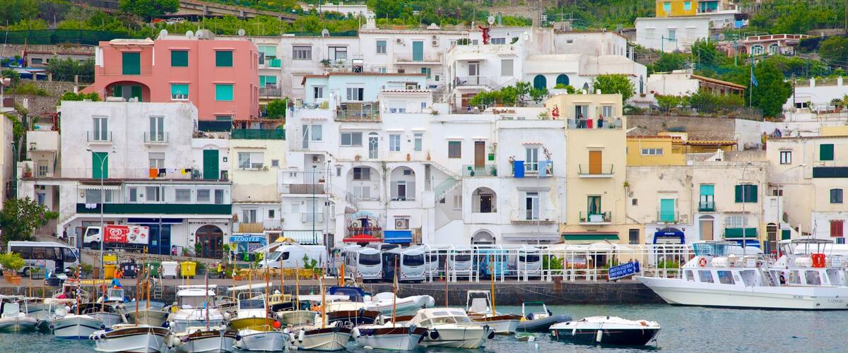 A coastal town with colorful buildings, a marina with boats, and a hillside in the background.