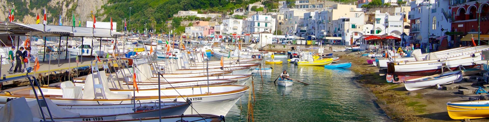 A coastal town with boats docked along the shore, a rocky hill with buildings in the background, and clear blue skies.
