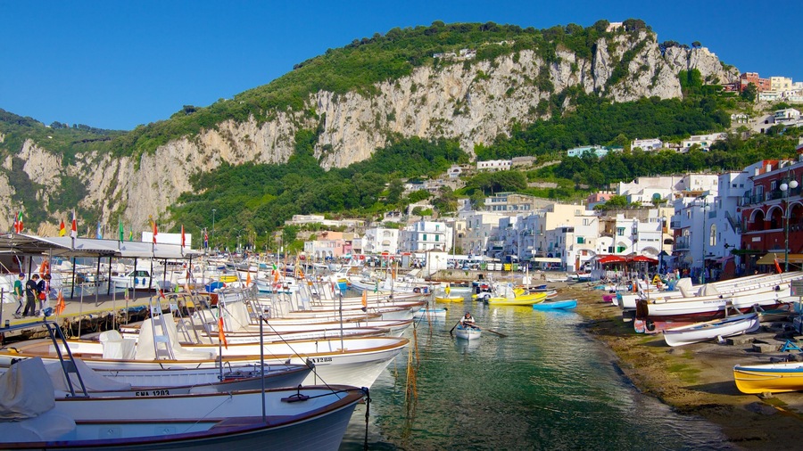 A coastal town with boats docked along the shore, a rocky hill with buildings in the background, and clear blue skies.