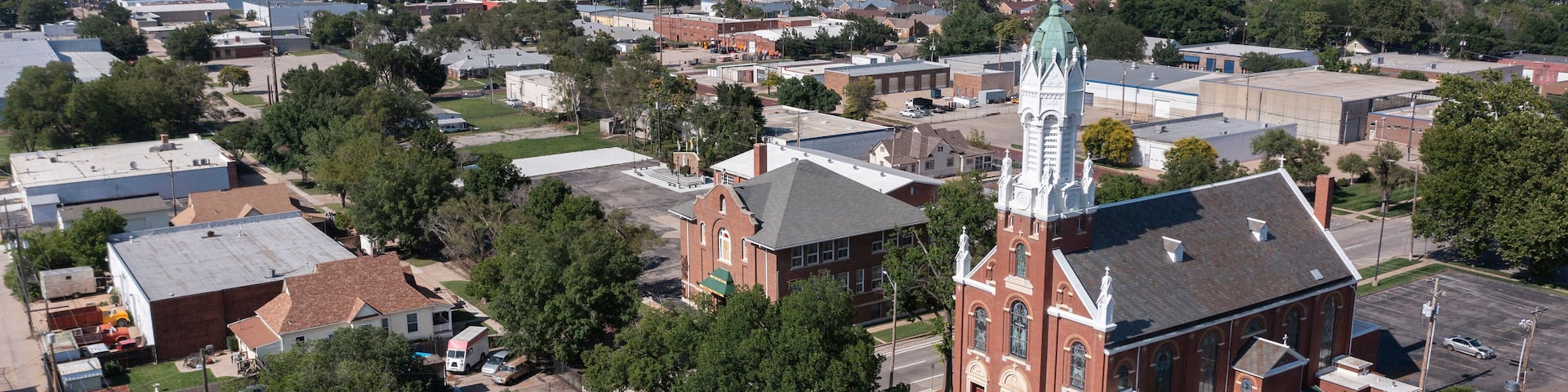 Afternoon view of a historic church and buildings in Old Town Wichita Kansas, USA.