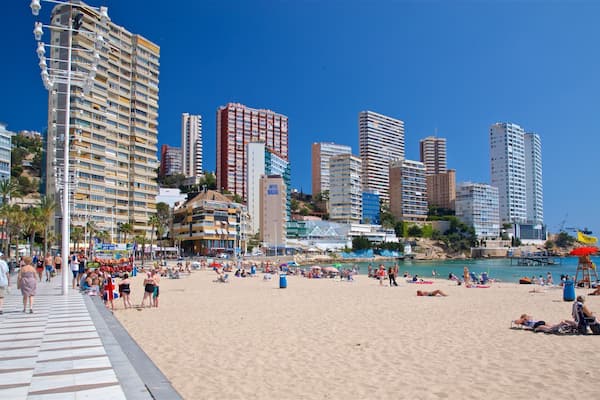 Une plage où l’on peut voir des gens se prélasser au soleil et se promener, entourée de grands immeubles et de palmiers.