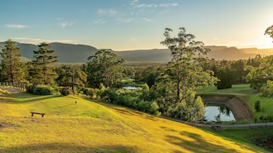 A golf course with a pond, trees, and distant mountains.