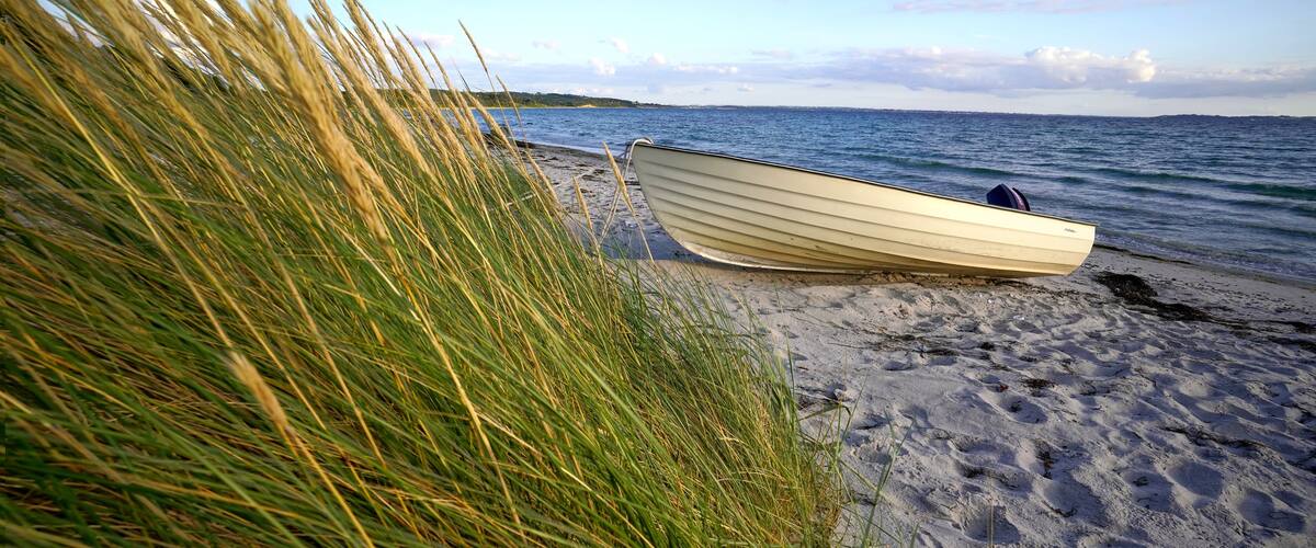 A boat on a sandy beach with tall grass in the foreground and a calm sea in the background.