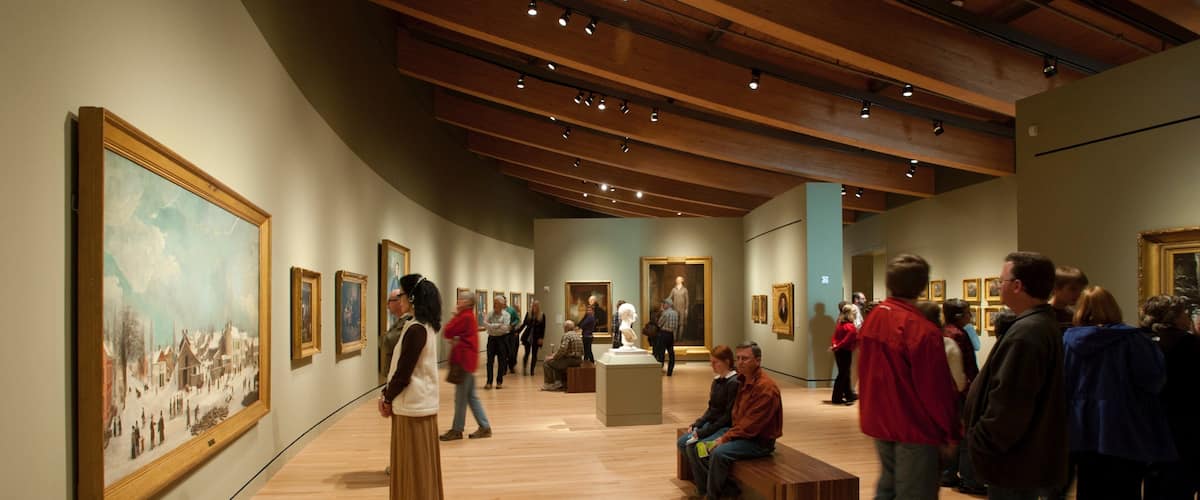 Crystal Bridges Museum of American Art which includes art and interior views as well as a small group of people