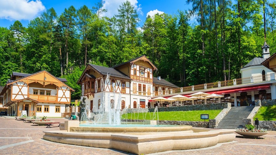 Park with historic buildings in town centre of Szczawnica town, Poland ; Shutterstock ID 198283820