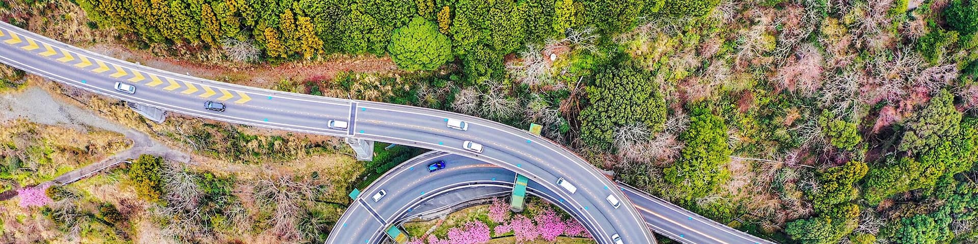 An aerial view of a roundabout surrounded by greenery and trees.