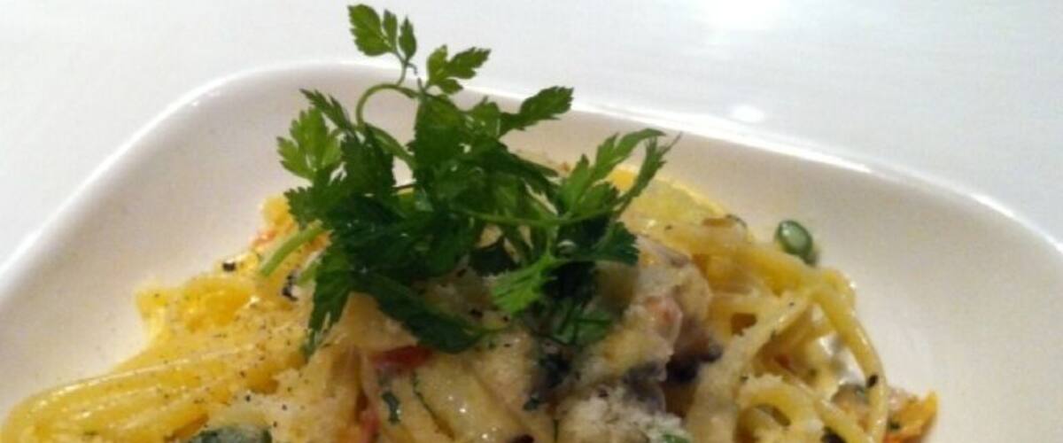 A plate of spaghetti with a creamy sauce, garnished with parsley.