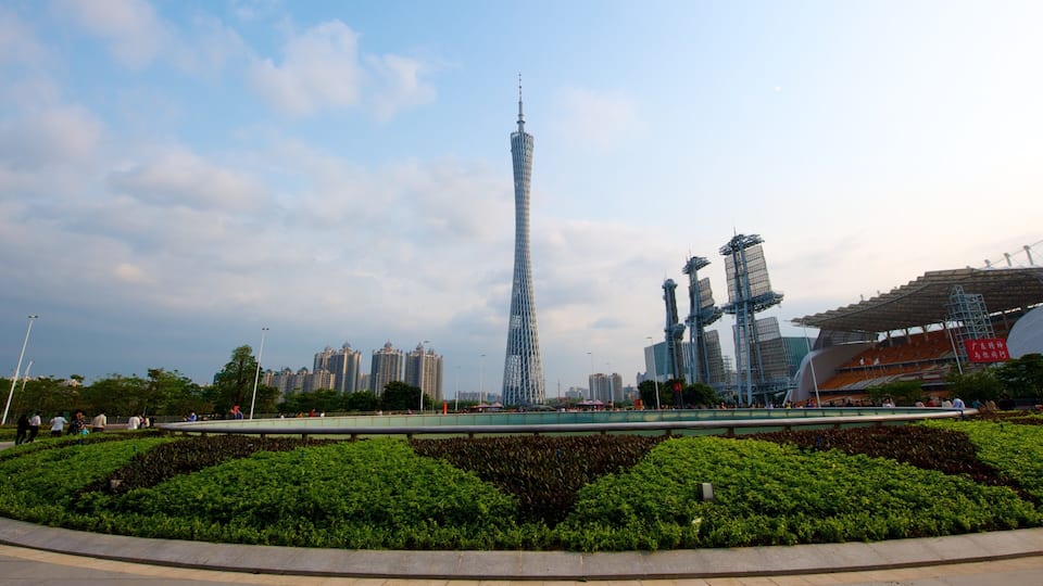 Canton Tower showing a city, landscape views and a high-rise building