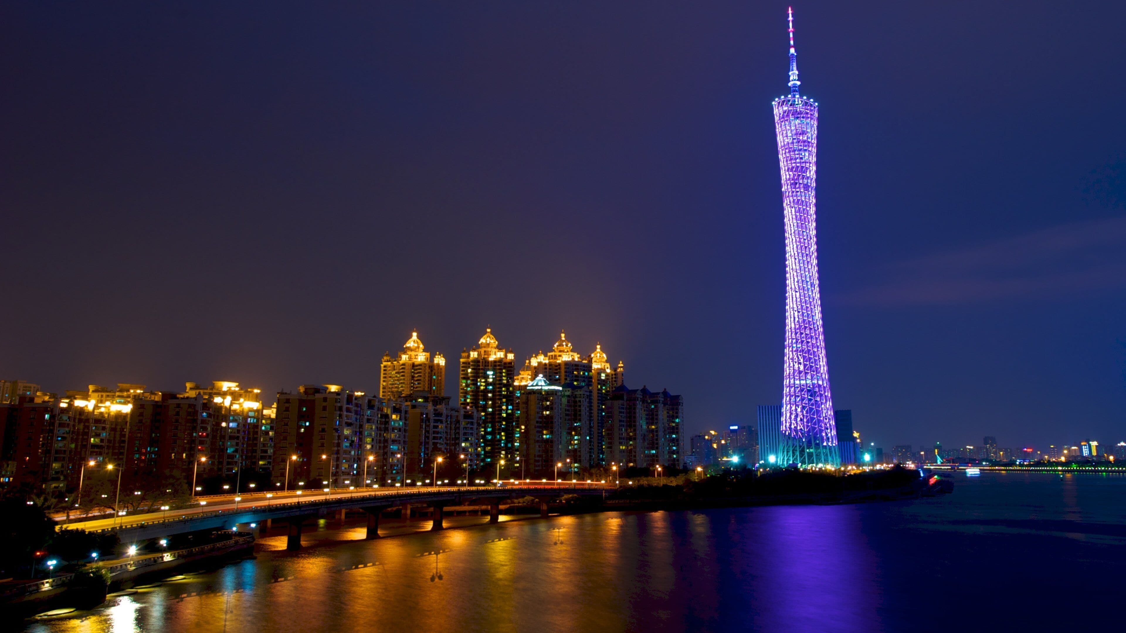 Canton Tower showing night scenes, a high rise building and city views