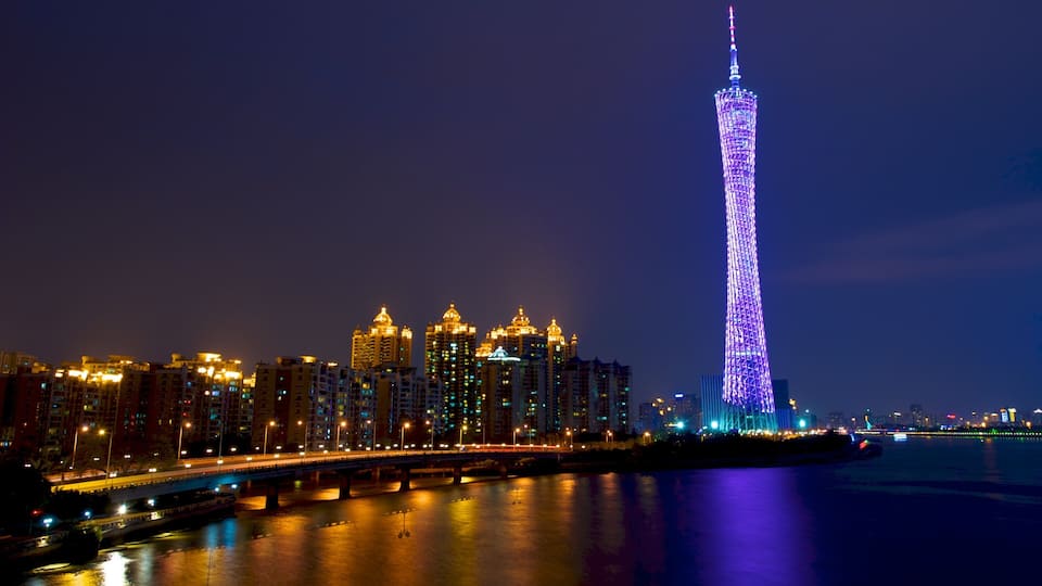 Canton Tower which includes a skyscraper, modern architecture and night scenes