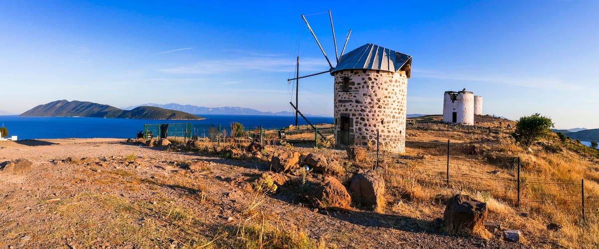 Bodrum - popular tourist coastal town in Turkey. Traditional old windmills