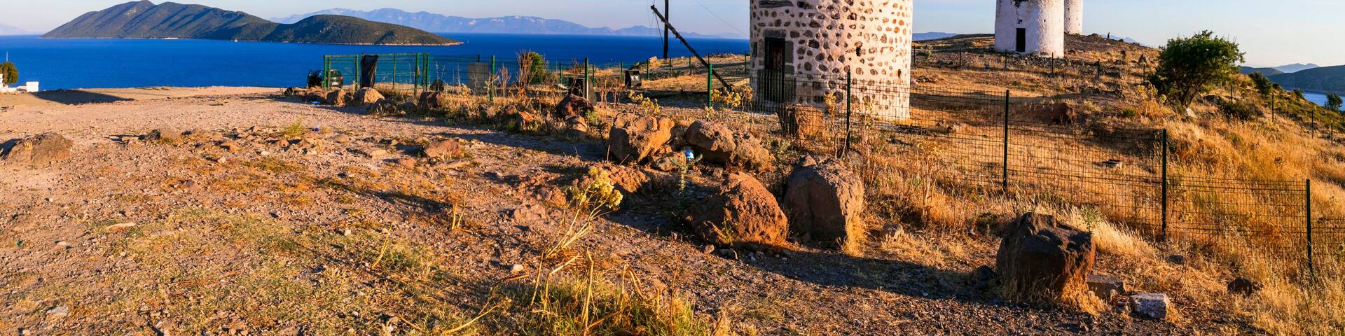Bodrum - popular tourist coastal town in Turkey. Traditional old windmills