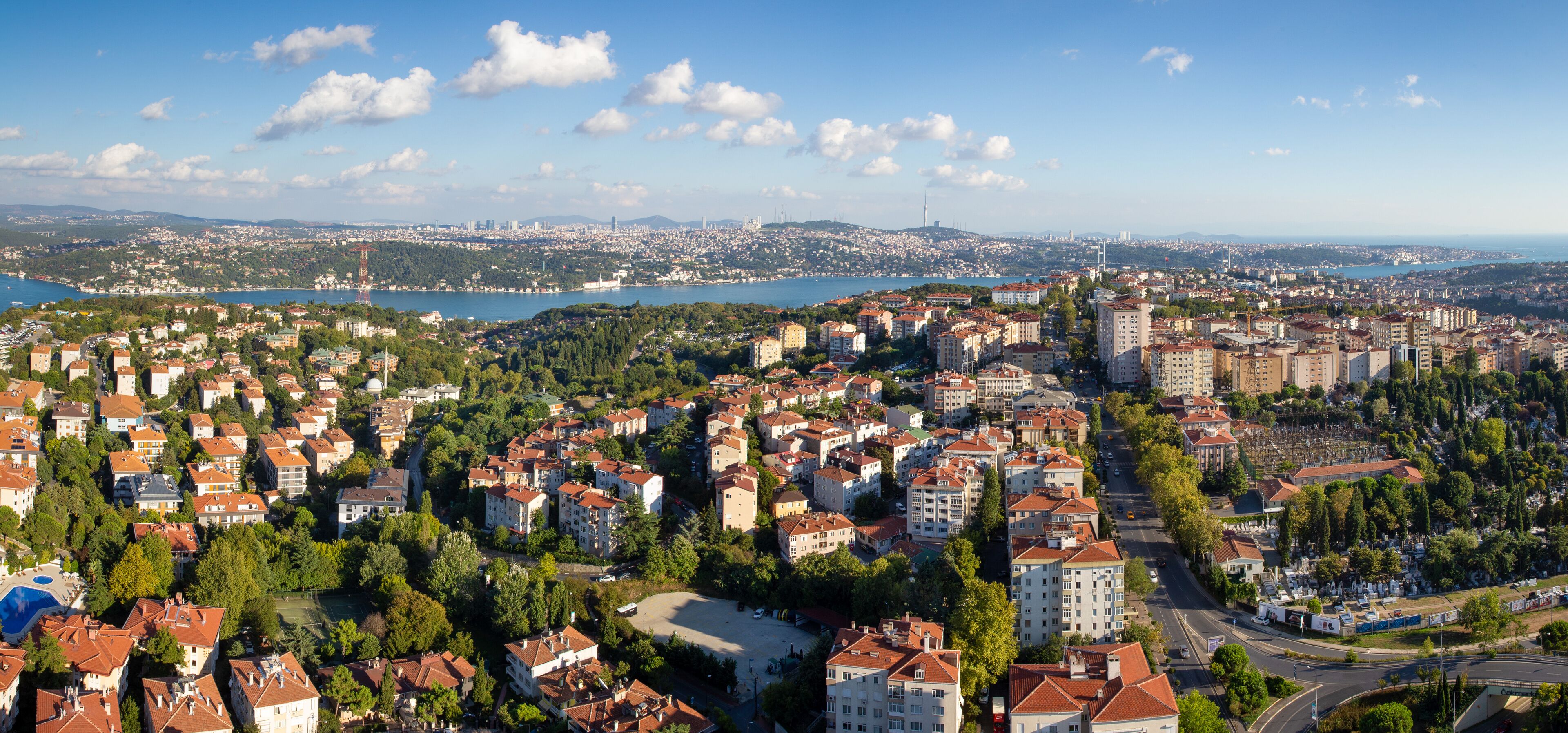 High angle aerial panoramic view of houses in Etiler region of Besiktas district and Bosphorus on the background, Istanbul, Turkey on September 5, 2020.