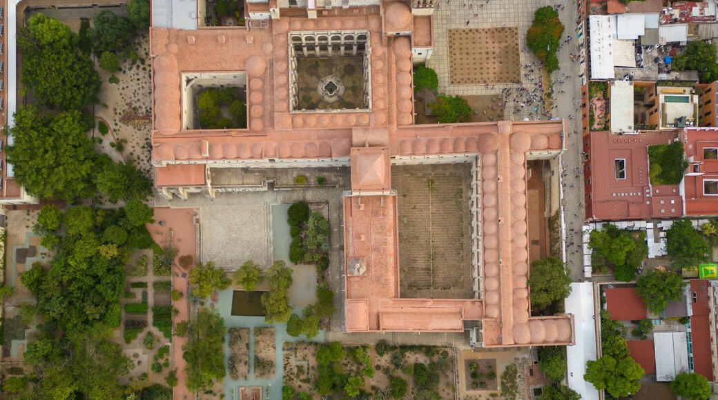Aerial views of the Ex-convent of Santo Domingo in the City of Oaxaca, Mexico, the roofs are reddish and there is an ethnobotanical garden