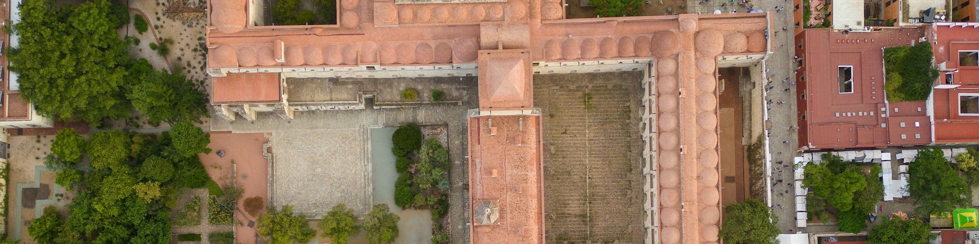 Aerial views of the Ex-convent of Santo Domingo in the City of Oaxaca, Mexico, the roofs are reddish and there is an ethnobotanical garden