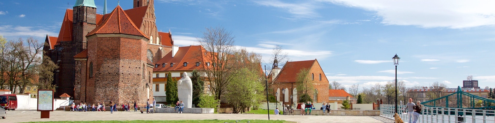 Wroclaw caracterizando elementos de patrimônio, uma igreja ou catedral e flores