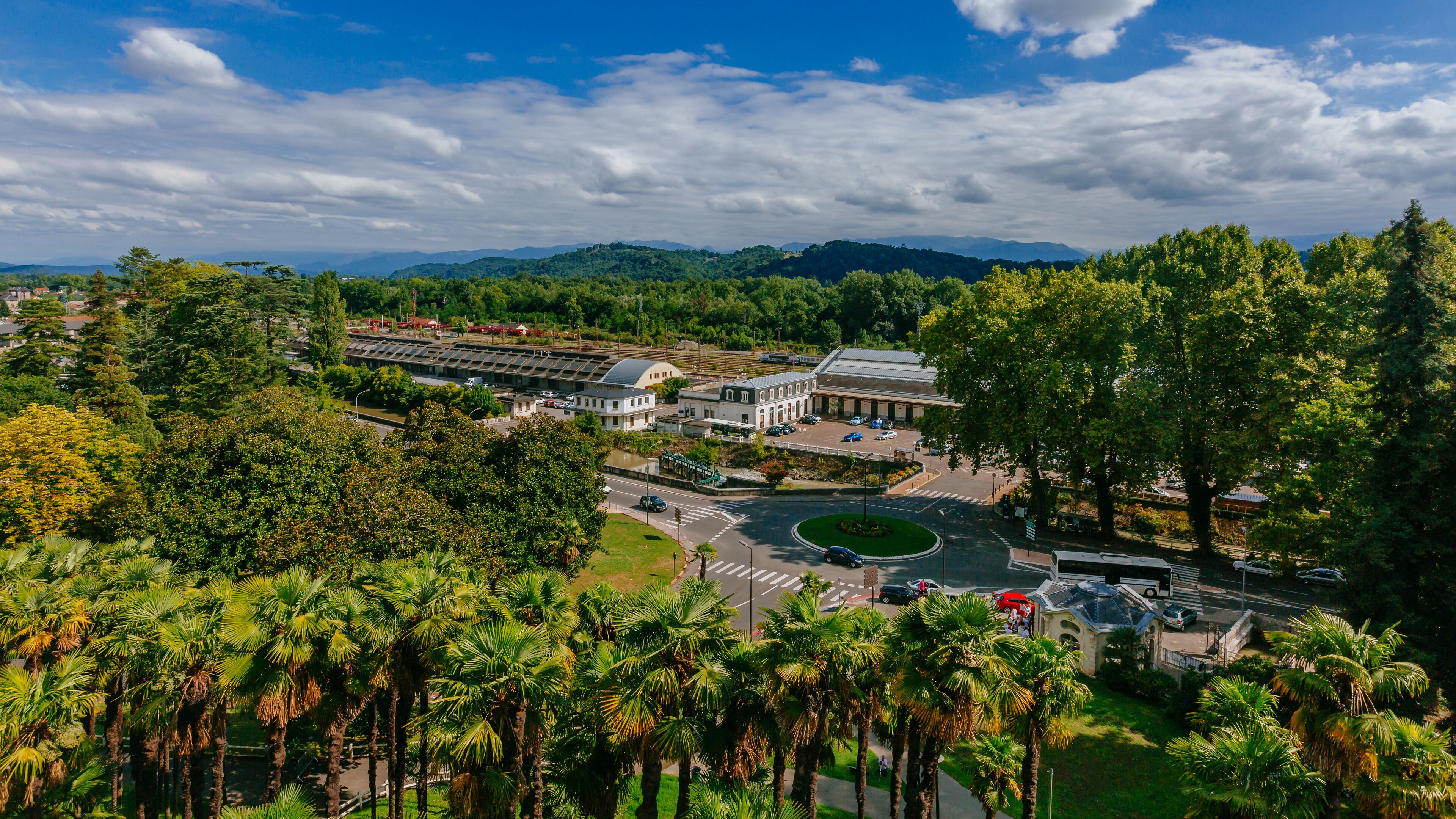 View of the train station and lower funicular station in Pau, France