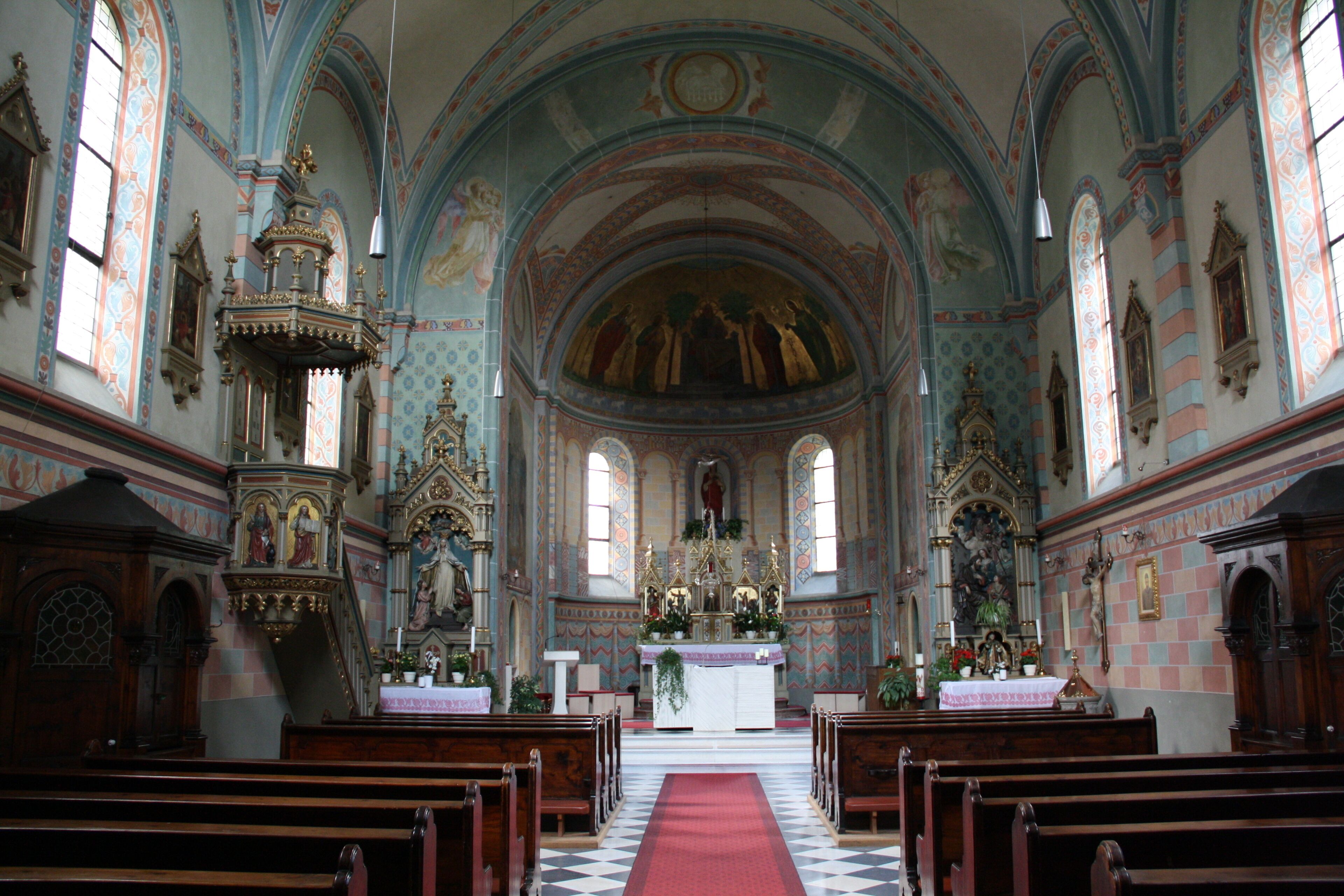 Italy, South Tyrol, Franzensfeste. The Parish church “Sacred Heart of Jesus”” built in 1899 in neo-Romanesque style on plan of Franz von Neumann and under the direction of Josef Huber. On the occasion of the centenary were brought to light the frescoes representing the birth and the resurrection of Christ.