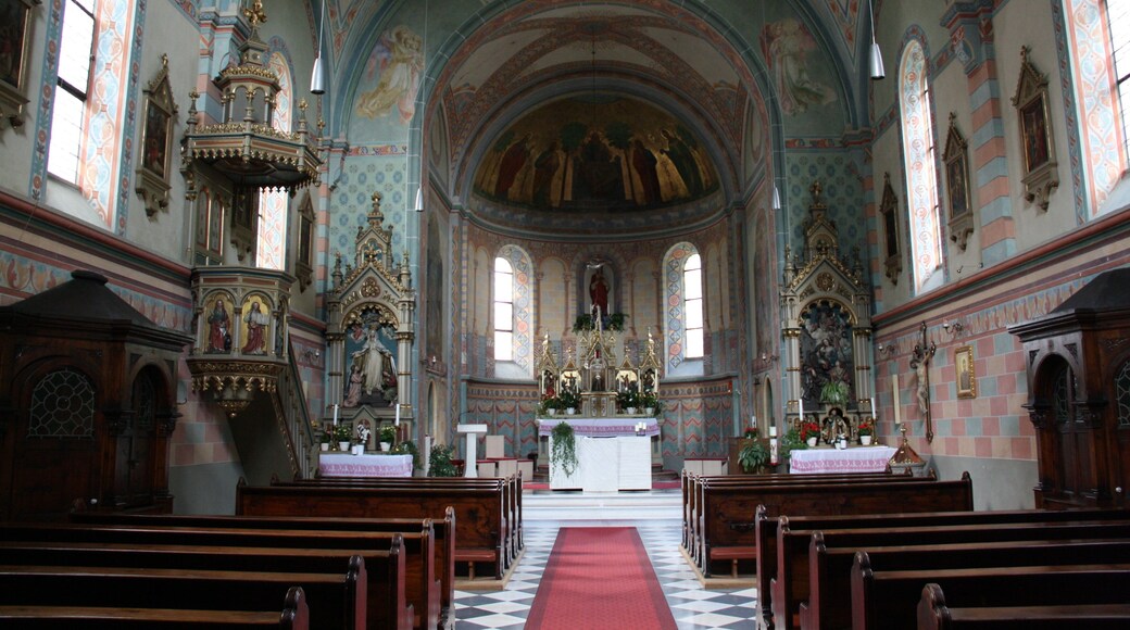 Italy, South Tyrol, Franzensfeste. The Parish church “Sacred Heart of Jesus”” built in 1899 in neo-Romanesque style on plan of Franz von Neumann and under the direction of Josef Huber. On the occasion of the centenary were brought to light the frescoes representing the birth and the resurrection of Christ.