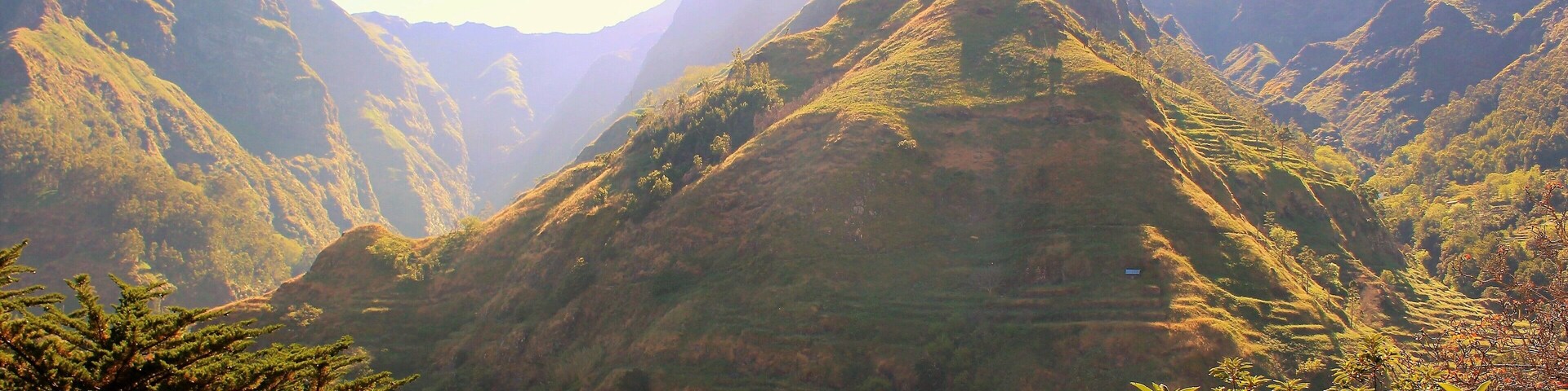 A mountainous landscape with terraced fields and a prominent peak.