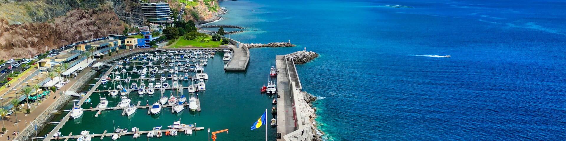 Aerial view of Calheta Beach in Madeira