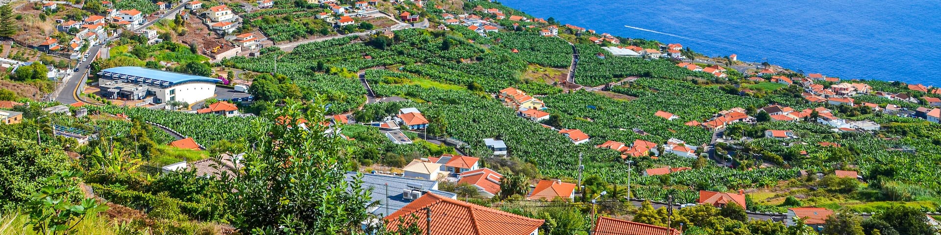Amazing view of Arco da Calheta, Madeira Island, Portugal. Picturesque village located on a hill above the Atlantic ocean. Green banana plantations. Portuguese landscape. Tourist destination