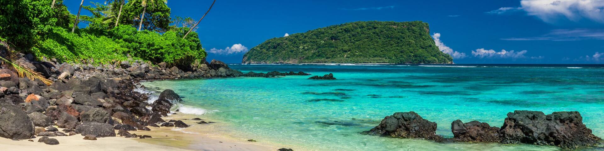 Vibrant tropical Lalomanu beach on Samoa Island with coconut palm trees