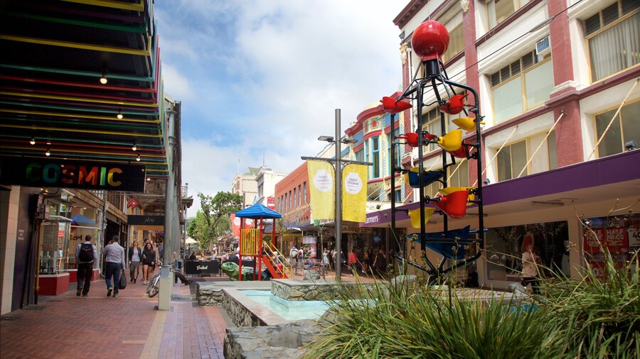 Bucket Fountain toont straten, cbd en een fontein