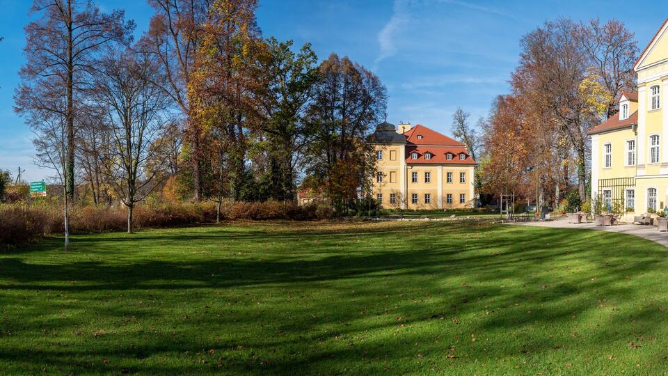 A well-maintained lawn, a yellow building with a red roof, and a large tree in the background.