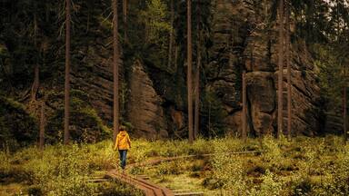 A person in a yellow jacket walking on a wooden trail in a forested area with rocky cliffs.