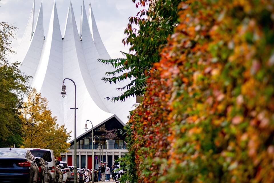 Een modern gebouw met een unieke witte spiraal, geparkeerde auto's en herfstbladeren.