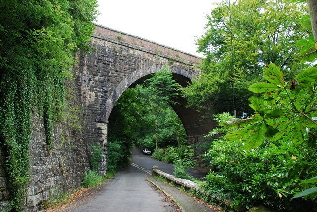 A stone bridge over a narrow road surrounded by lush greenery.