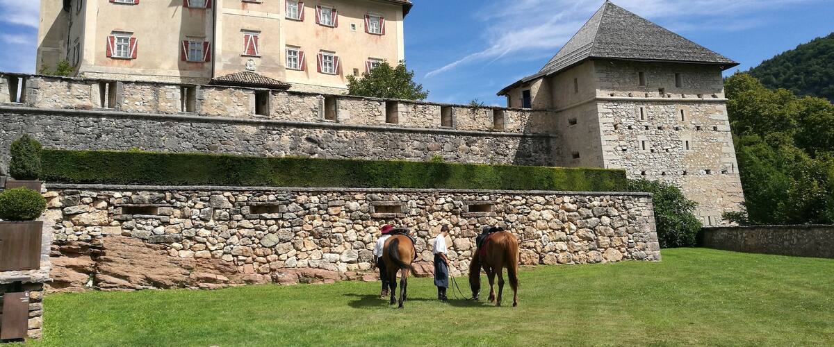 A historic building with stone walls and a tower, surrounded by a well-maintained lawn.