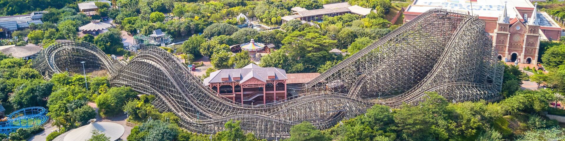 Aerial photography of large roller coaster in amusement park