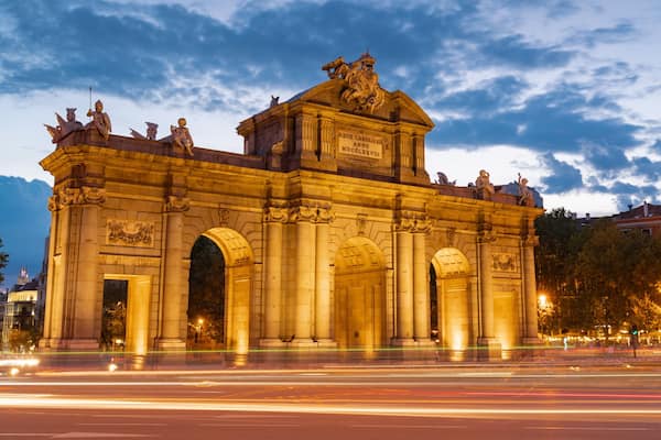 Puerta de Alcala featuring night scenes and heritage architecture