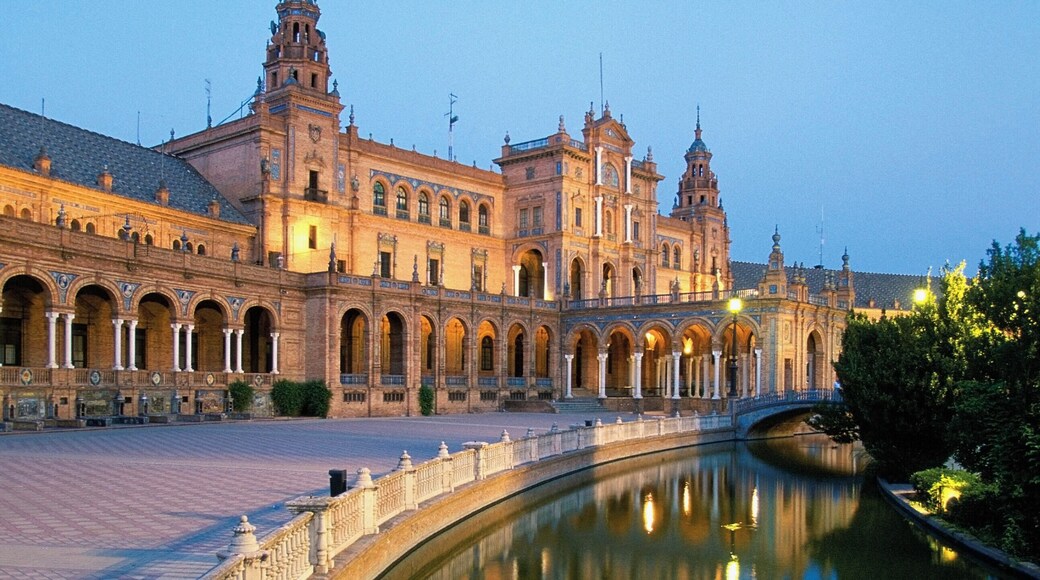 River along a building, Plaza de Espana, Seville, Spain