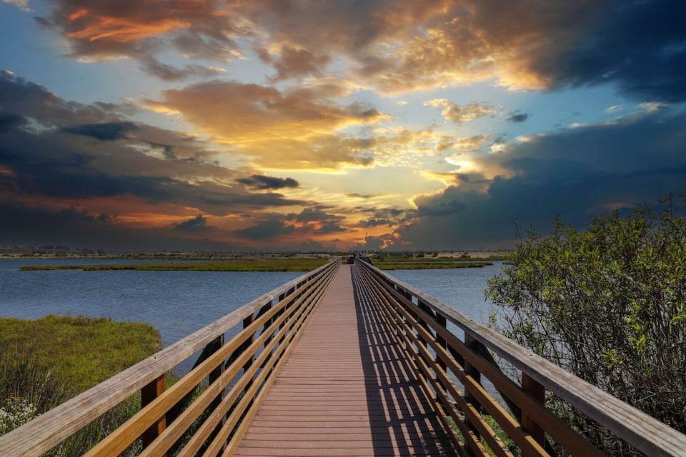 Un paseo marítimo de madera que conduce a una masa de agua, rodeado de humedales bajo un cielo imponente.
