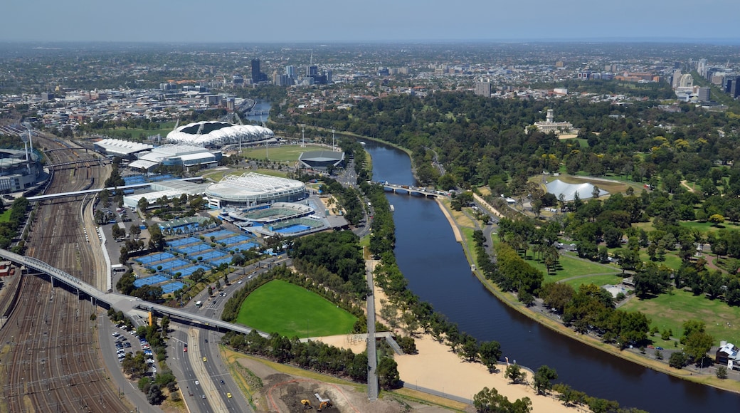 Aerial view of the Yarra River and the sporting complex of the Rod Laver Arena, Melbourne Victoria.