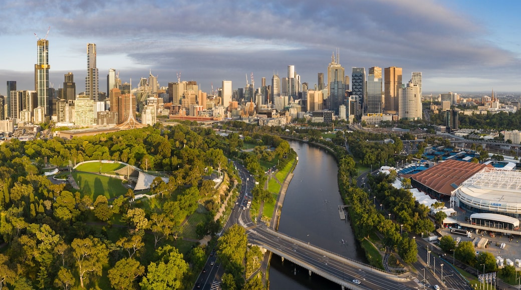 Aerial panoramic view of the Rod Laver arena and the city of Melbourne Australia