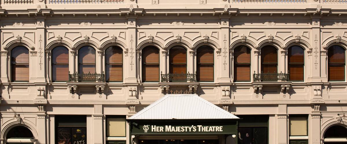 Exterior view of historic Her Majestys Theatre